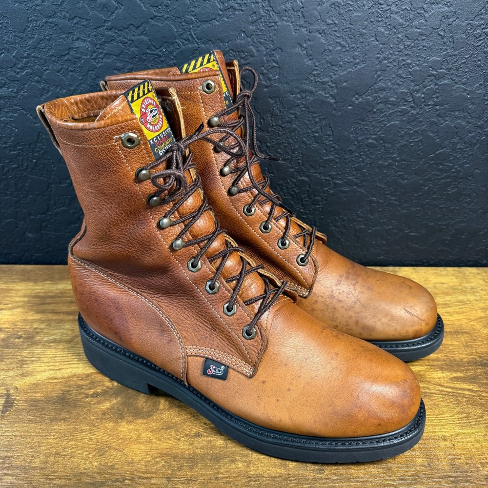 Justin Original Workboots 760 Tan Leather Lace-Up Work Boots Mens 12D